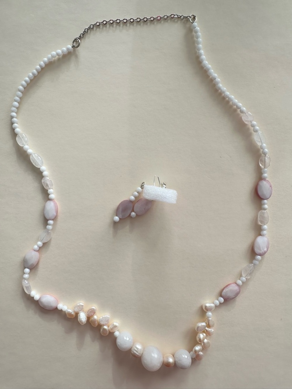 Delicate White & Soft Pink Beaded Necklace with Matching Earrings; handmade new